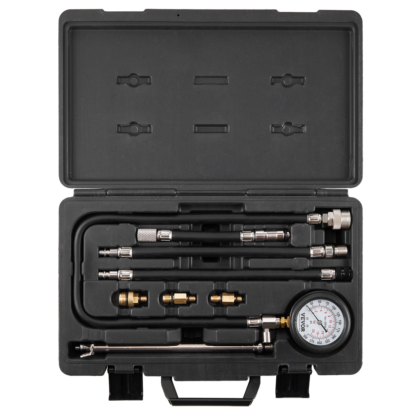 VEVOR compression tester kit in black case with hoses, adapters, and pressure gauge.
