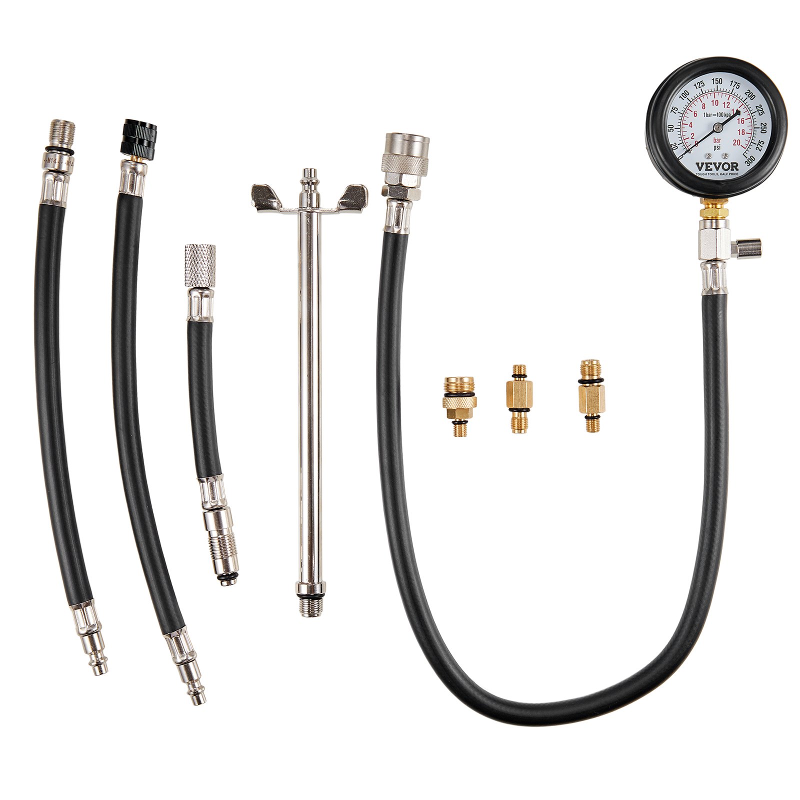 VEVOR compression tester kit with gauge, hoses, adapters, and fittings on a white background.