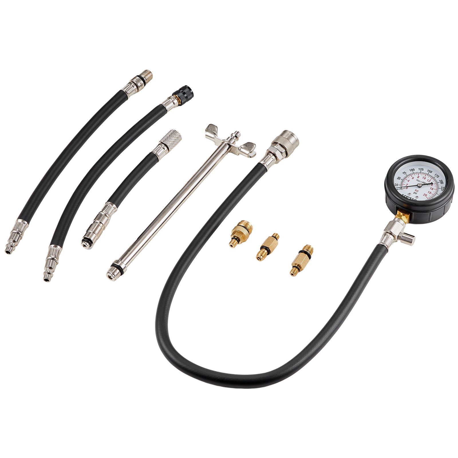 VEVOR compression tester kit with gauge, hoses, and adapters, perfect for engine diagnostics.