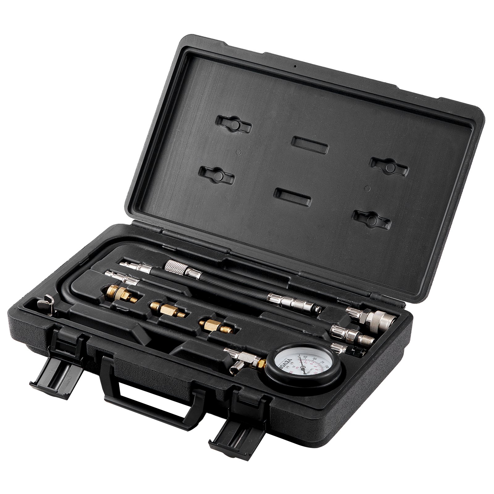 VEVOR compression tester kit in a black carrying case with multiple tools and a pressure gauge.