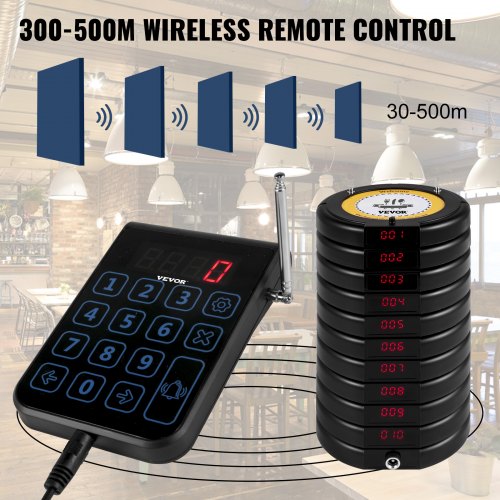 VEVOR Restaurant Pager 10 Coasters Paging System Max 999 Nursery Pager Wireless Paging Queuing Calling System with Vibration, Flashing and Buzzer for Social Distance Food Truck, Church and Clinic