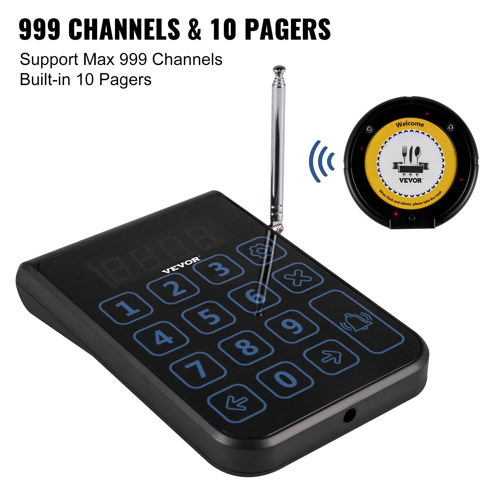 VEVOR Restaurant Pager 10 Coasters Paging System Max 999 Nursery Pager Wireless Paging Queuing Calling System with Vibration, Flashing and Buzzer for Social Distance Food Truck, Church and Clinic