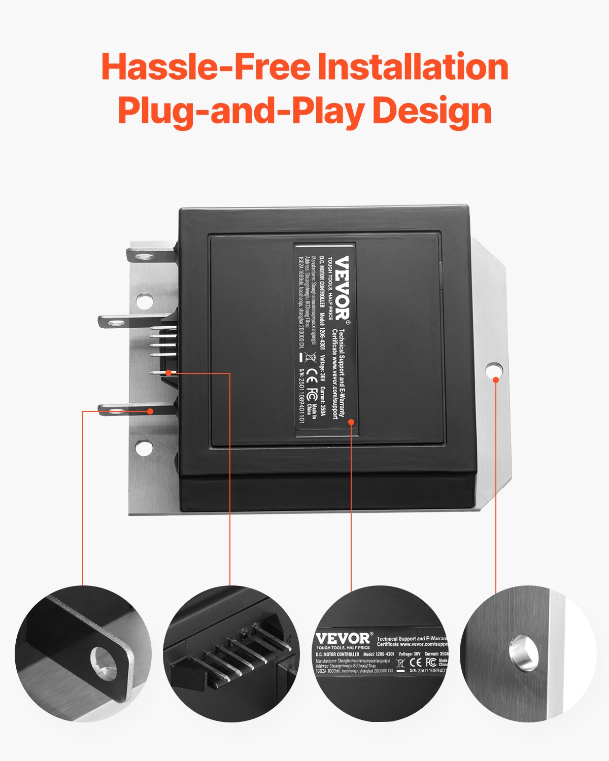 VEVOR Golf Cart Speed Controller, 36V and 350A, DC Motor Controller Replacement for 1994-2019 EZGO Golf Carts, IP65 Rated Protection, Aluminum Alloy & ABS Housing, Compatible with 1206-4301 Models