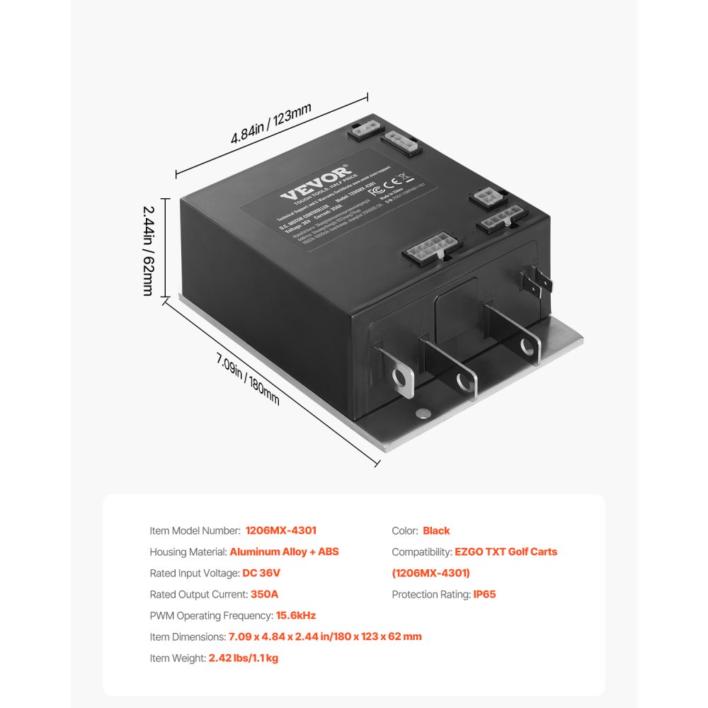 VEVOR Golf Cart Speed Controller, 350 Amp, DC Motor Controller Replacement for 2000-2009 EZGO TXT Golf Carts, IP65 Rated Protection, Aluminum Alloy & ABS Housing, Compatible with 1206MX-4301 Models