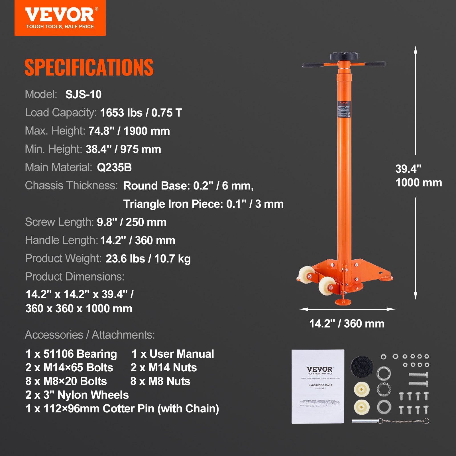 VEVOR underhoist stativ, 3/4 ton kapacitet stang donkraft, Heavy Duty donkraft stativ, bilstøtte donkraft løft fra 43,3" til 70,9", trekantet base, to hjul, nem justering, bilstøtte