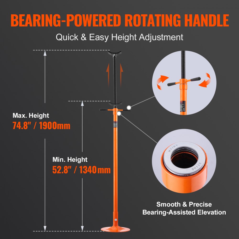 VEVOR underhoist support stand with rotating handle, height adjustable from 52.8&quot; to 74.8&quot;.