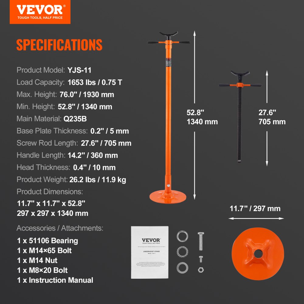 VEVOR underhoist support stand, 1653 lbs capacity, height adjustable 52.8&quot;-76&quot;, includes all accessories.