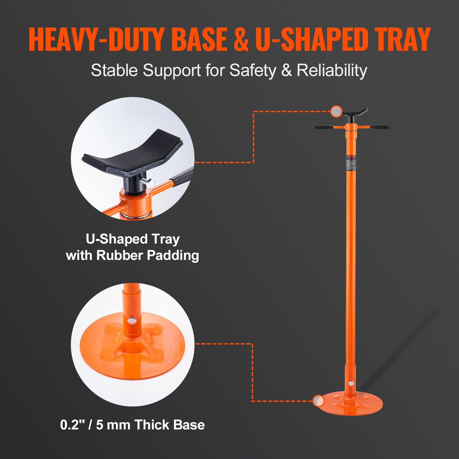 VEVOR underhoist support stand featuring a heavy-duty base and u-shaped tray with rubber padding.
