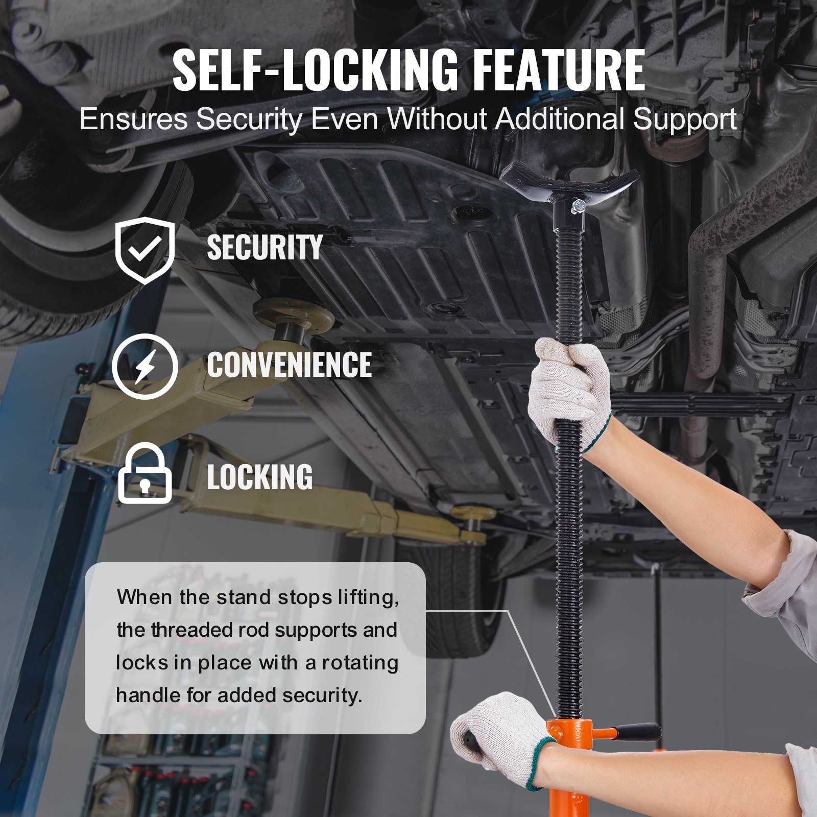 VEVOR underhoist support stand with self-locking feature ensures security and convenience for vehicle maintenance.