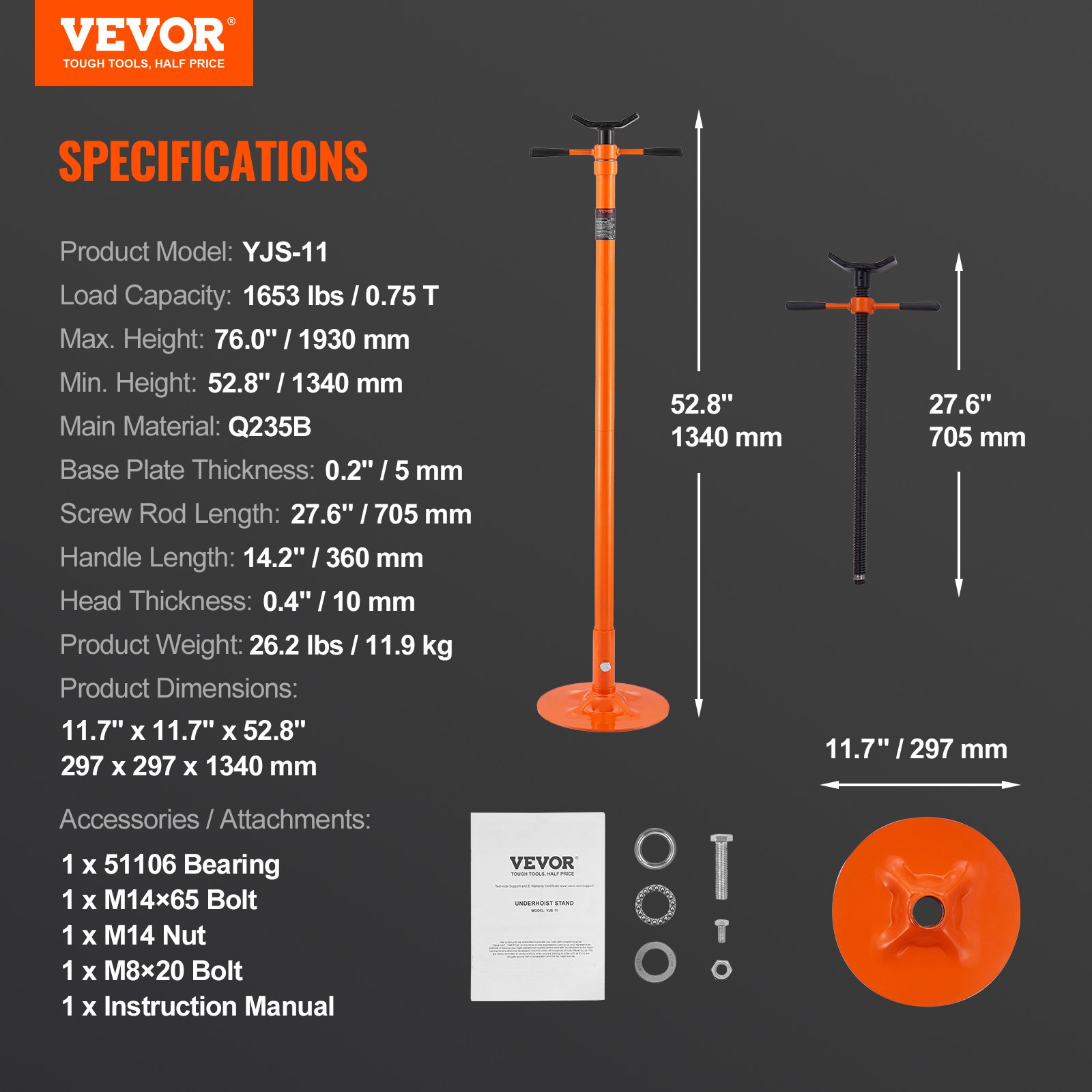 VEVOR underhoist support stand, 1653 lbs capacity, height adjustable 52.8&quot;-76&quot;, includes all accessories.
