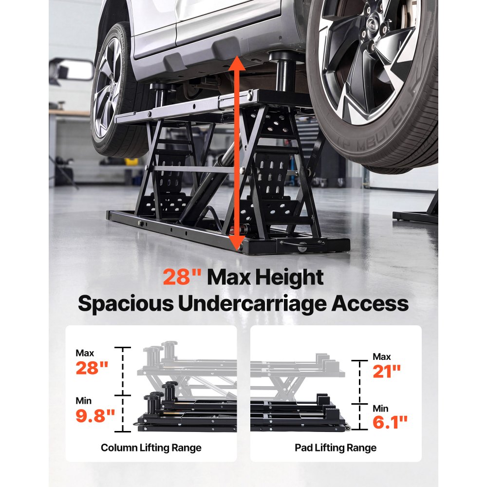 VEVOR Portable Car Lift, 9000 lbs Capacity, Heavy Duty Steel Truck Lift with 28" Max Height, 120V Power Unit, Wheels, 4 Rubber Pads & 4 Lifting Columns for Cars, SUVs, Trucks, Home Garage or Shop Use