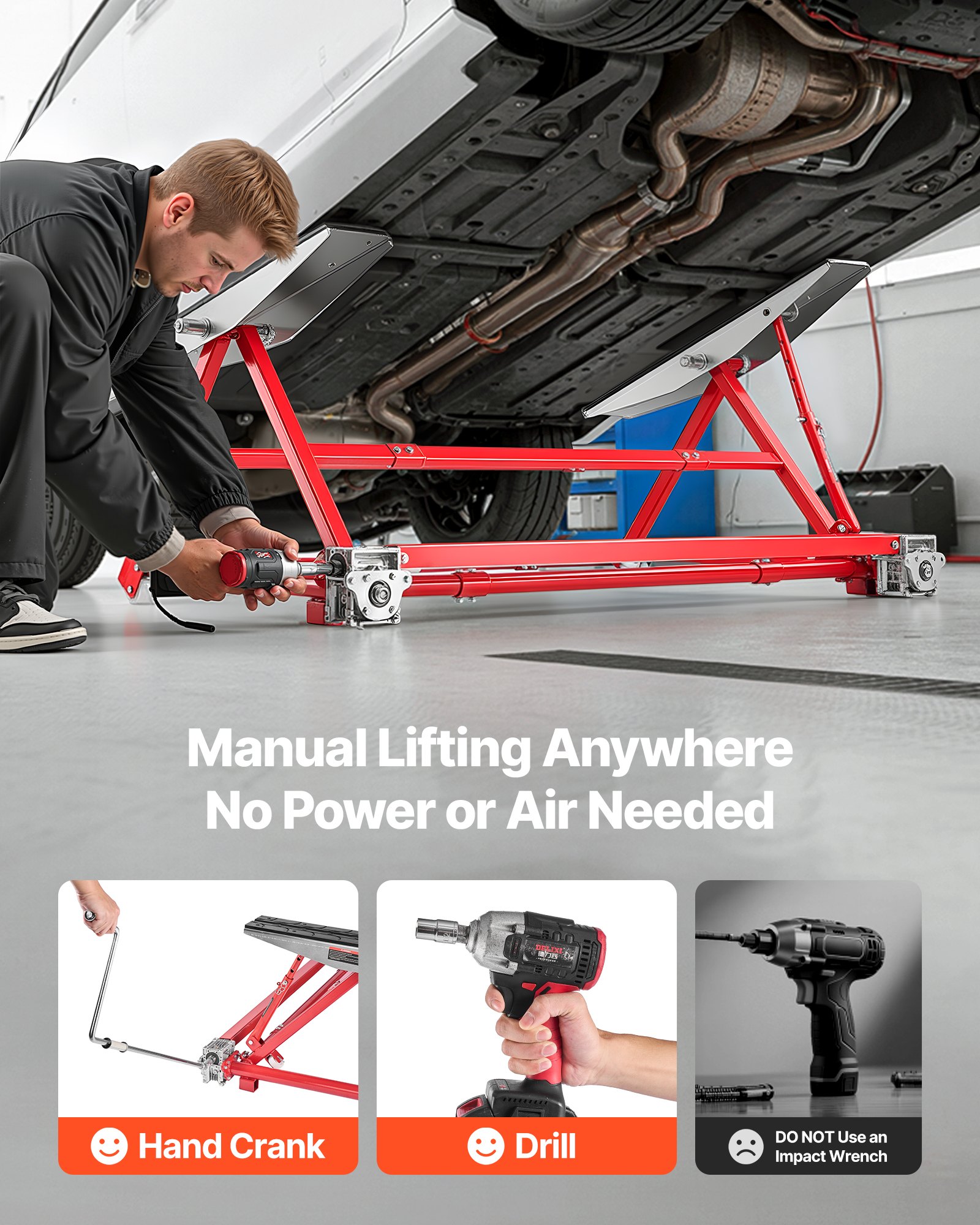 VEVOR Portable Car Lift, 2 Ton Capacity, Heavy Duty Steel Quick Lift with 585 mm Max Height, Adjustable Width and Wheels, Manual Lifting for Cars, Compact SUVs, Mini Trucks, Home Garage or Shop Use