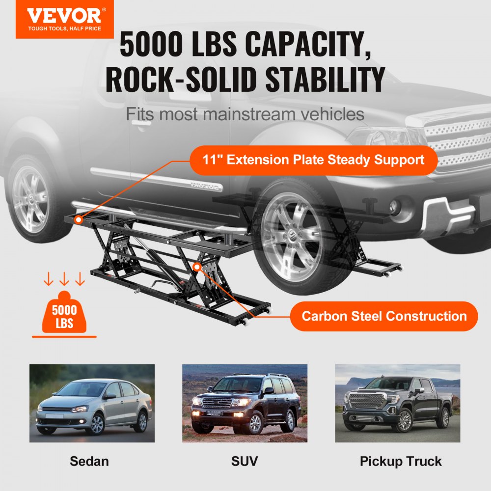 VEVOR Car Lift, 25.6" Max. Height, 5,000 LBS Capacity Portable Car Lift, with Extended-Length Plates, Heavy-duty Carbon Steel Truck Lift with 120V Power Unit, Auto Car Jack Lifts for Home Garage Shop