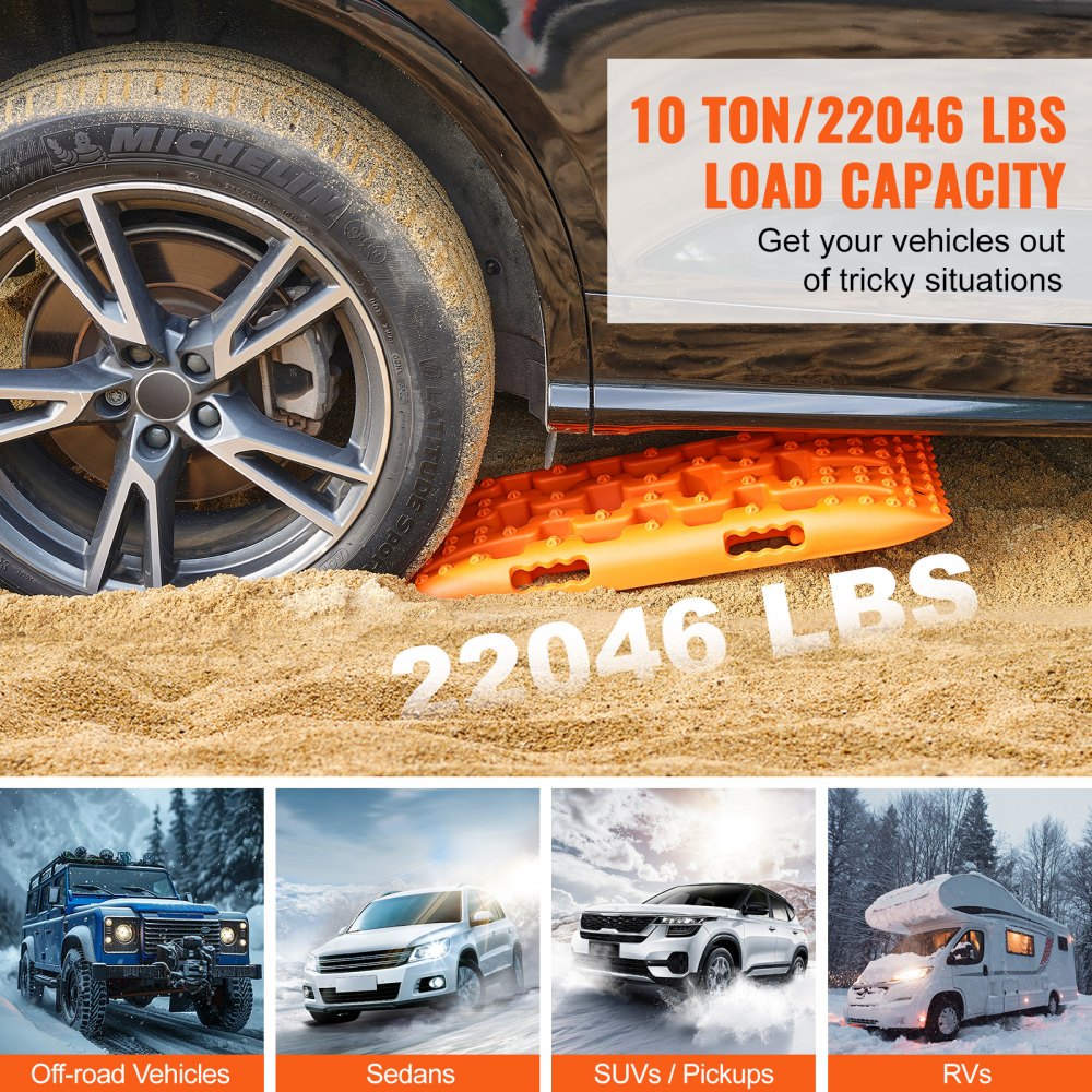 VEVOR 10 TON Traction Boards with PP Material, Recovery Boards for Off-road Vehicles/Cars/Pickups/SUVs/RVs, Pair Tire Traction Mats on Snow, Sand, Mud and Loose Terrain, Storage Bag, Short, Orange