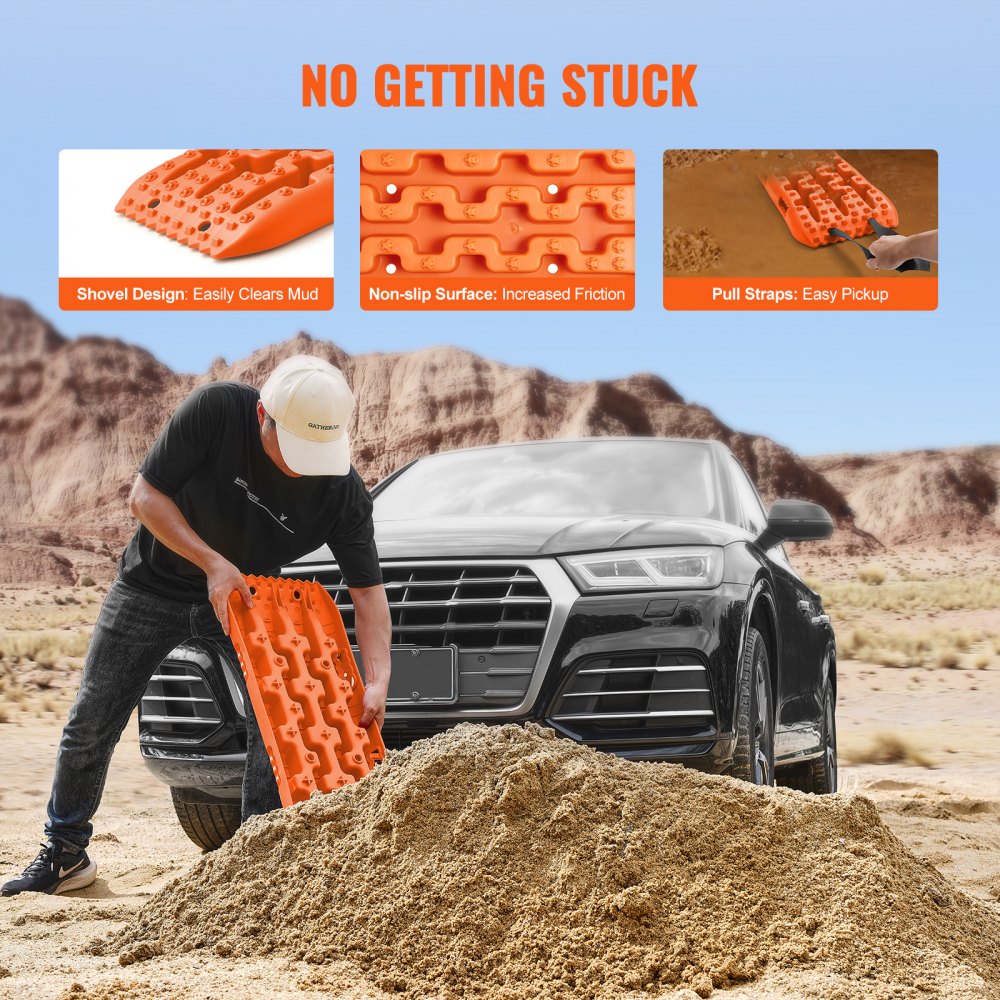 VEVOR 10 TON Traction Boards with PP Material, Recovery Boards for Off-road Vehicles/Cars/Pickups/SUVs/RVs, Pair Tire Traction Mats on Snow, Sand, Mud and Loose Terrain, Storage Bag, Short, Orange