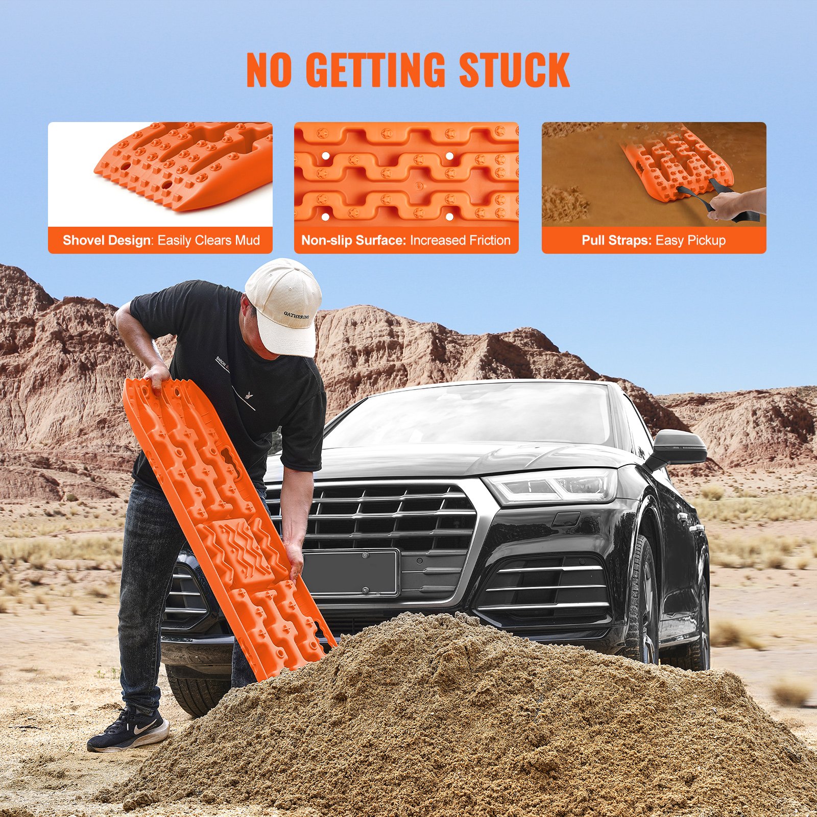 VEVOR 10 TON Traction Boards with PP Material, Recovery Boards for Off-road Vehicles/Cars/Pickups/SUVs/RVs, Pair Tire Traction Mats on Snow, Sand, Mud and Loose Terrain, Storage Bag, Long, Orange