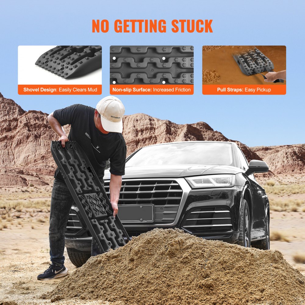 VEVOR 10 TON Traction Boards with PP Material, Recovery Boards for Off-road Vehicles/Cars/Pickups/SUVs/RVs, Pair Tire Traction Mats on Snow, Sand, Mud and Loose Terrain, Storage Bag, Long, Black