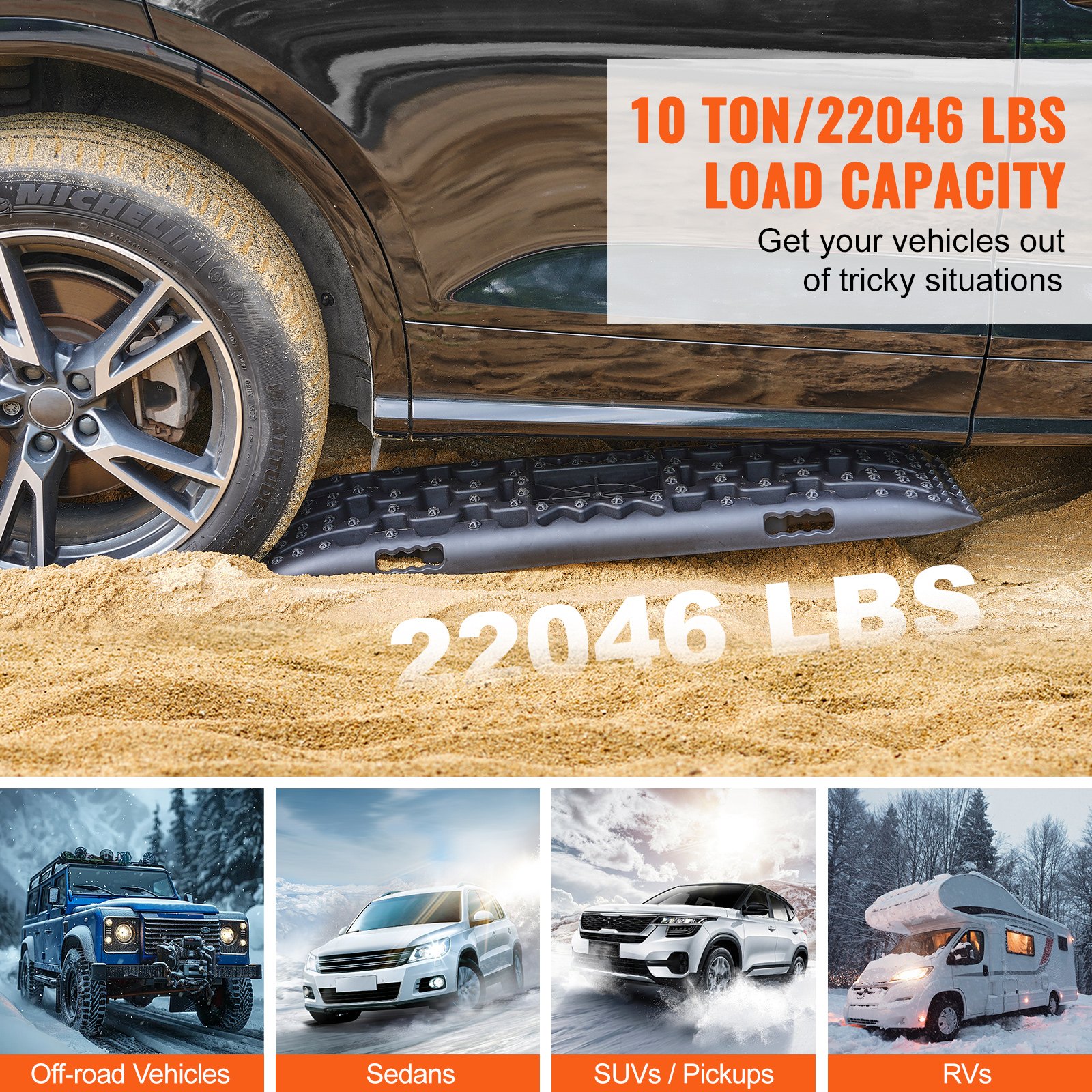 VEVOR 10 TON Traction Boards with PP Material, Recovery Boards for Off-road Vehicles/Cars/Pickups/SUVs/RVs, Pair Tire Traction Mats on Snow, Sand, Mud and Loose Terrain, Storage Bag, Long, Black