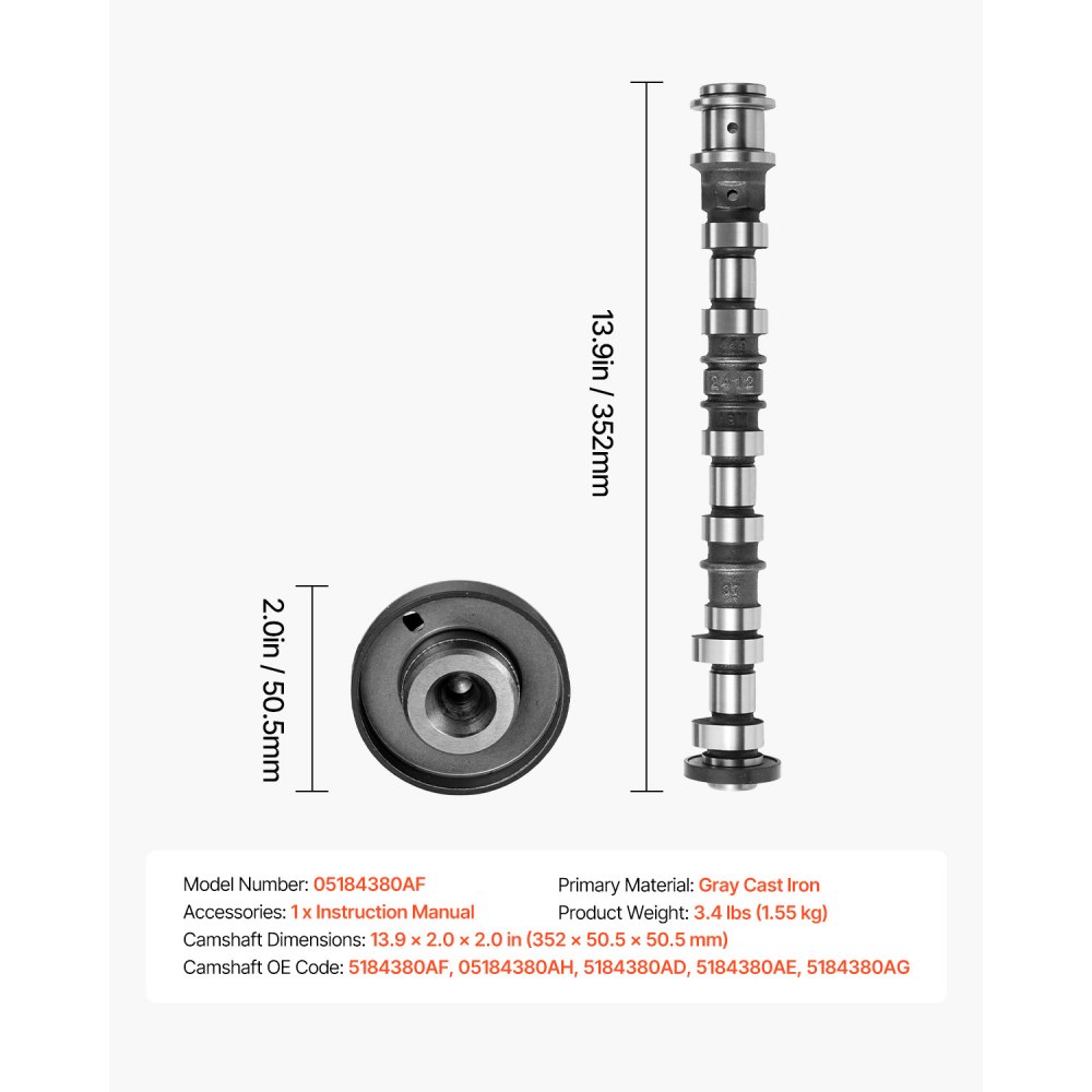 VEVOR Engine Camshaft, 5184380AF 05184380AH 5184380AD 5184380AE 5184380AG Cam Replacement, for 2011-2015 Jeep Grand Cherokee, 2011-2014 Dodge Avenger, 2013-2018 Ram 1500, 3.6L