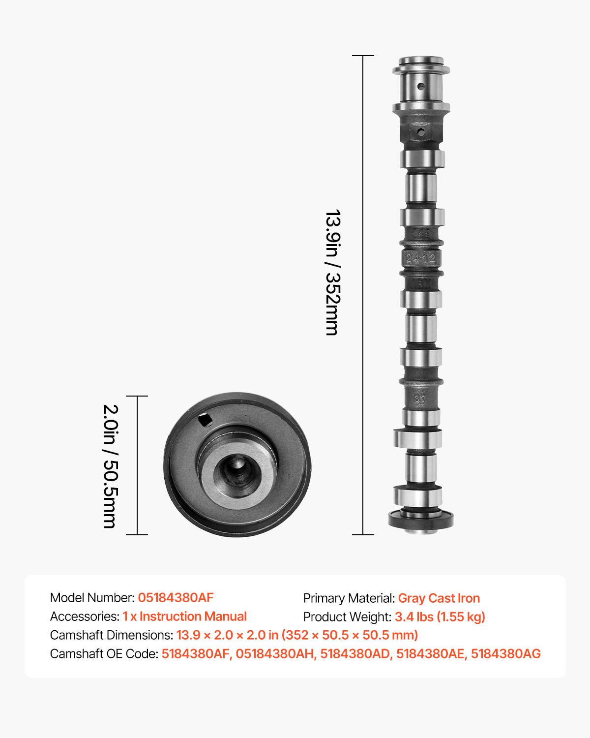 VEVOR Engine Camshaft, 5184380AF 05184380AH 5184380AD 5184380AE 5184380AG Cam Replacement, for 2011-2015 Jeep Grand Cherokee, 2011-2014 Dodge Avenger, 2013-2018 Ram 1500, 3.6L