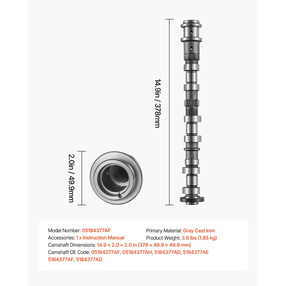 VEVOR Engine Camshaft, 05184377AF 05184377AH 5184377AD 5184377AE 5184377AF 5184377AG Cam Replacement, Work with 2011-2015 Jeep Grand Cherokee, 2011-2019 Dodge Journey, 3.6L V6