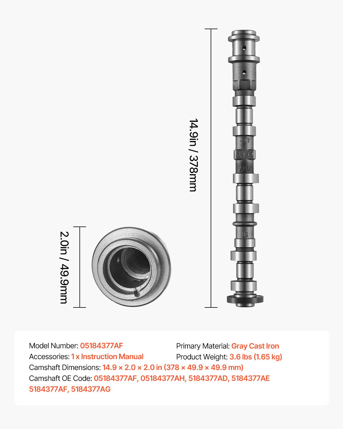 VEVOR Engine Camshaft, 05184377AF 05184377AH 5184377AD 5184377AE 5184377AF 5184377AG Cam Replacement, Work with 2011-2015 Jeep Grand Cherokee, 2011-2019 Dodge Journey, 3.6L V6