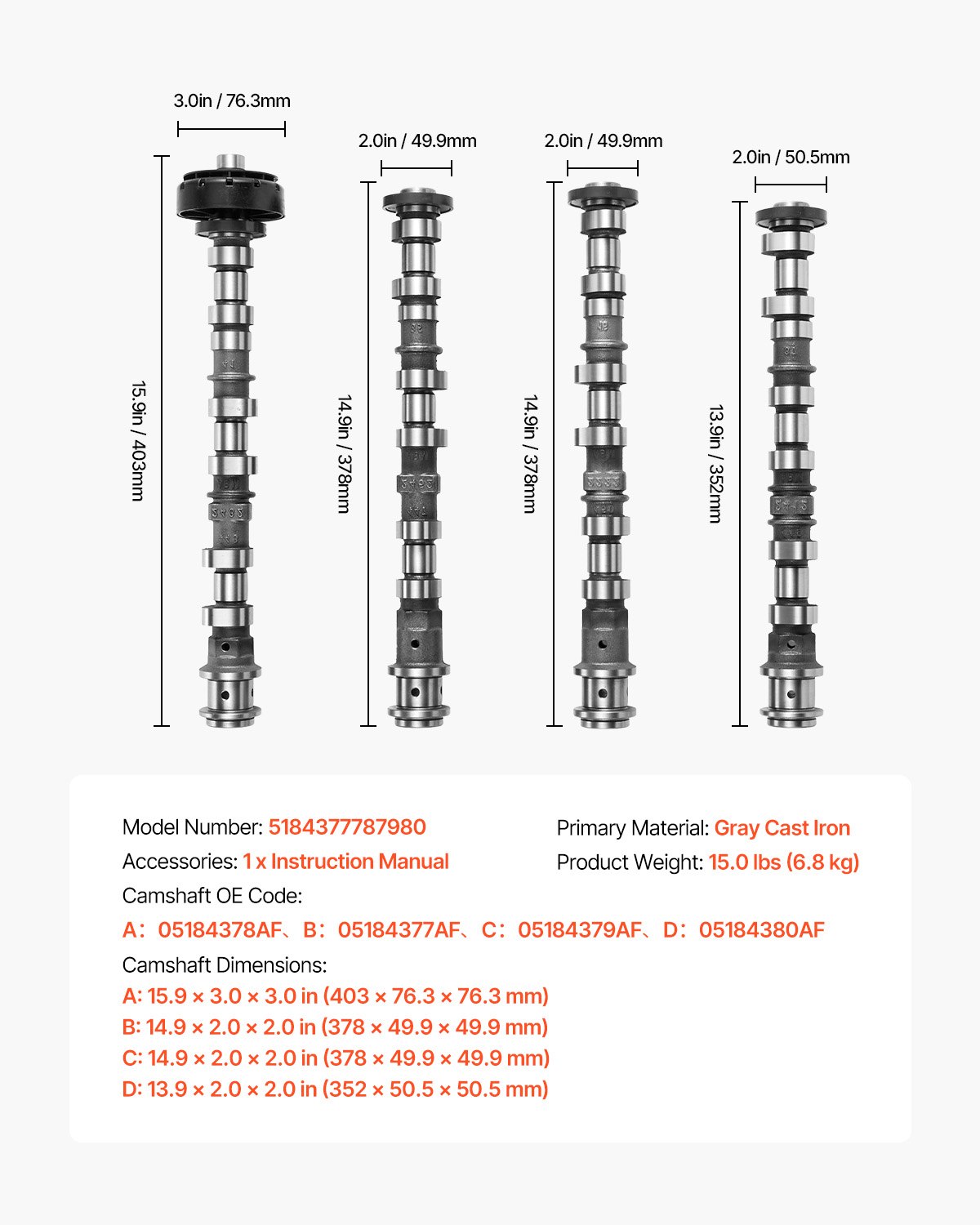 VEVOR 4Pcs Engine Camshaft Set, 05184378AF 05184377AF 05184379AF 05184380A, Fit 2011-2015 Dodge Durango, 2012-2016 Jeep Wrangler, 2014-2016 RAM Promaster 1500/2500/3500, 3.6L