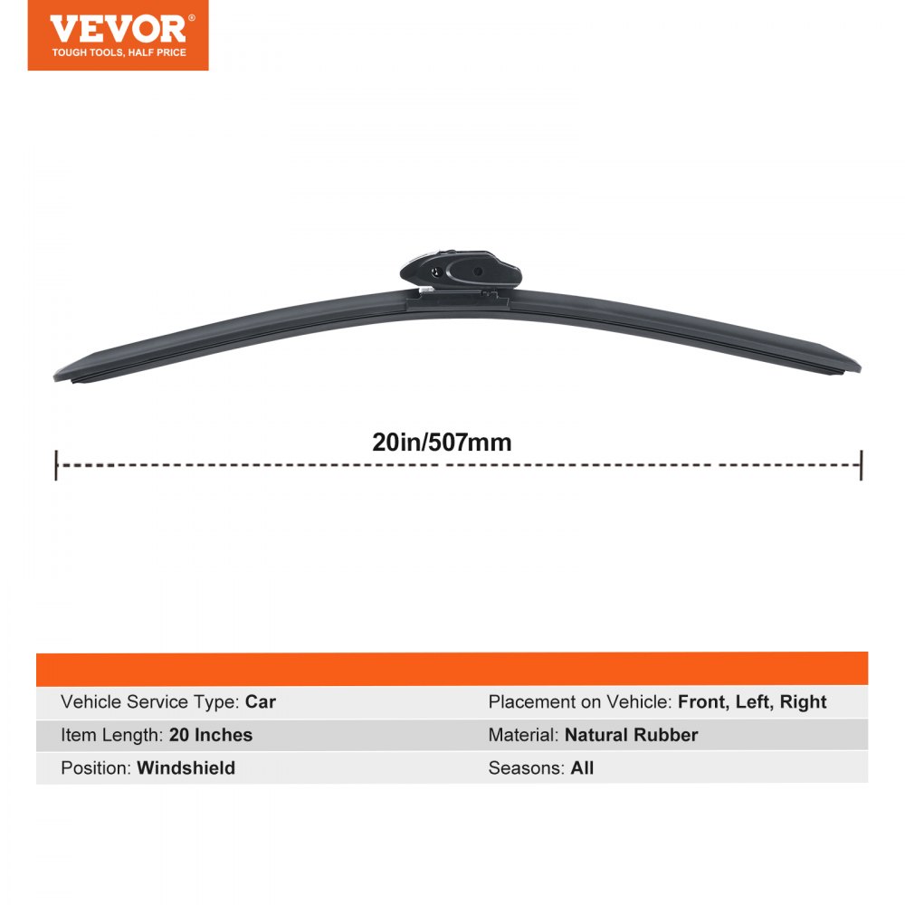 VEVOR 20" Rubber Wiper Blades, 51 cm Universal Replacement Wind Shield Wiper, Low Noise & Better Fit, with 4 Different Clips for most Car, Easy Installation