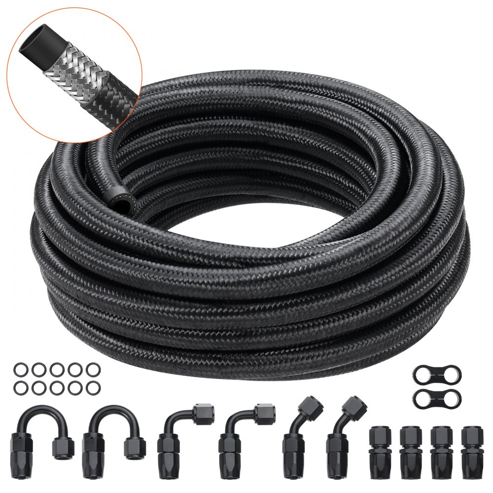 VEVOR 8AN 20 ft. Fuel Hose Line Kit with 0.43 in. Nylon Stainless Steel Braided Fuel Line Black - 12 Piece