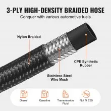 VEVOR 8AN Fuel Line Kit, 20 FT Fuel Hose Kit, 0.43" Nylon Stainless Steel Braided Fuel Line Oil/Gas/Diesel Hose End Fitting Kit, with 12 PCS Swivel Fitting Adapter Kit, Black