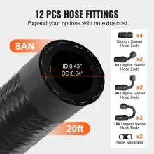 VEVOR 8AN Fuel Line Kit, 20 FT Fuel Hose Kit, 0.43" Nylon Stainless Steel Braided Fuel Line Oil/Gas/Diesel Hose End Fitting Kit, with 12 PCS Swivel Fitting Adapter Kit, Black