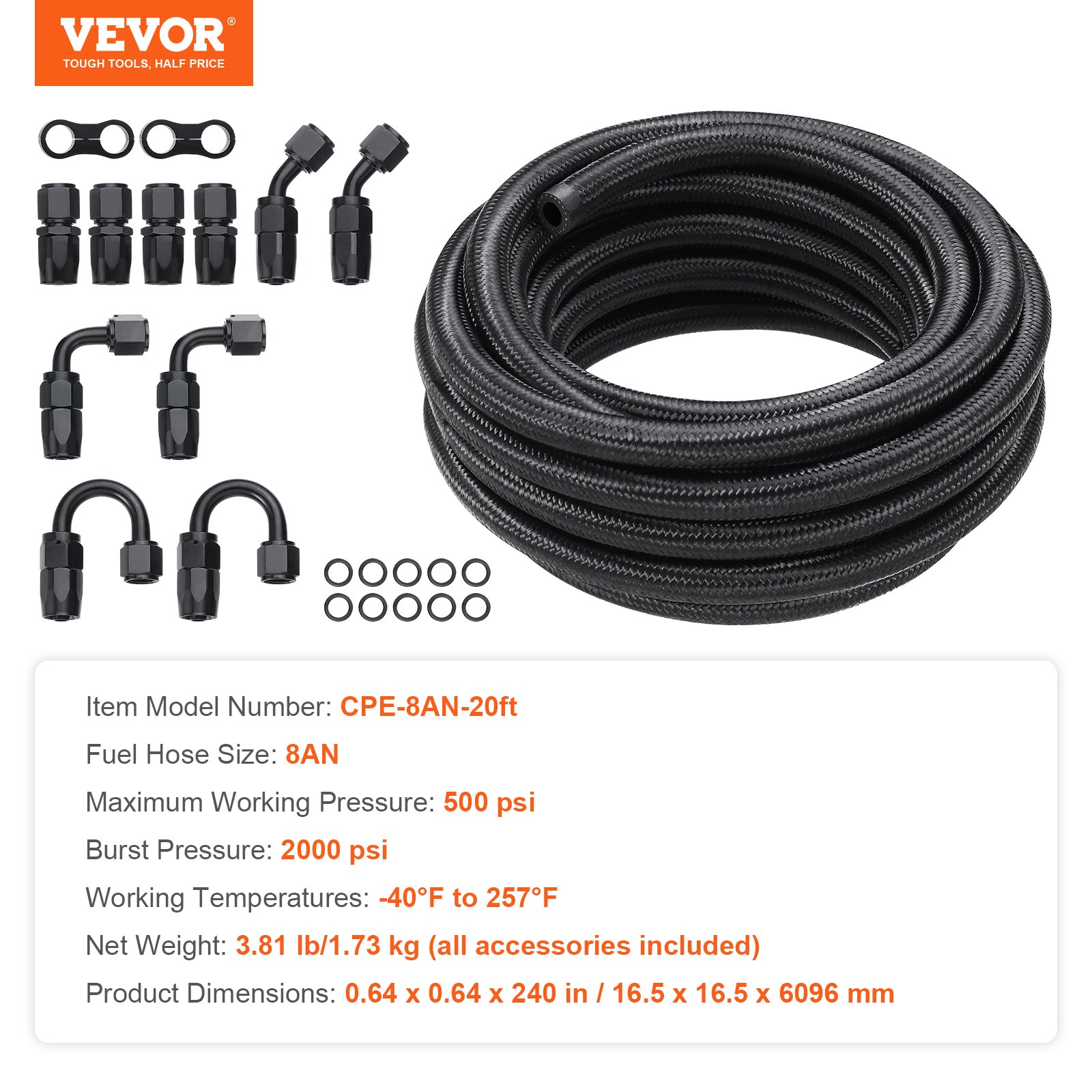 VEVOR 8AN Fuel Line Kit, 6.1 m Fuel Hose Kit, 1.0 cm Nylon Stainless Steel Braided Fuel Line Oil/Gas/Diesel Hose End Fitting Kit, with 12 PCS Swivel Fitting Adapter Kit, Black