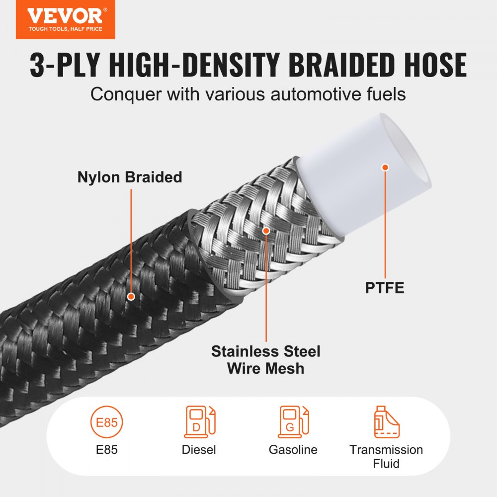VEVOR 6AN Fuel Line Kit, 25 FT Fuel Hose Kit, 5/16 Nylon Stainless Steel  Braided PTFE Fuel Line Kit, E85/Oil/Gas/Diesel Hose End Fitting Kit, with  15