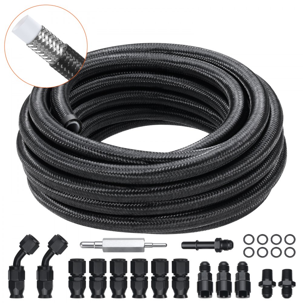 VEVOR 25 ft. 6AN Fuel Hose Line Kit with 0.312 in. Nylon Stainless Steel Braided PTFE Fuel Line Kit Black