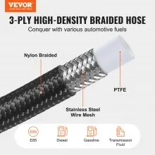 VEVOR 6AN Fuel Line Kit, 25 FT Fuel Hose Kit, 5/16" Nylon Stainless Steel Braided PTFE Fuel Line Kit, E85/Oil/Gas/Diesel Hose End Fitting Kit, with 15 PCS Swivel Fitting Adapter Kit, Black