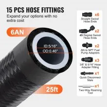 VEVOR 6AN Fuel Line Kit, 25 FT Fuel Hose Kit, 5/16" Nylon Stainless Steel Braided PTFE Fuel Line Kit, E85/Oil/Gas/Diesel Hose End Fitting Kit, with 15 PCS Swivel Fitting Adapter Kit, Black
