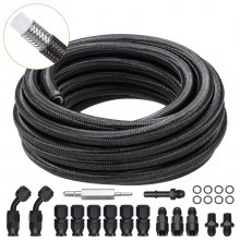 VEVOR 6AN Fuel Line Kit, 25 FT Fuel Hose Kit, 5/16" Nylon Stainless Steel Braided PTFE Fuel Line Kit, E85/Oil/Gas/Diesel Hose End Fitting Kit, with 15 PCS Swivel Fitting Adapter Kit, Black