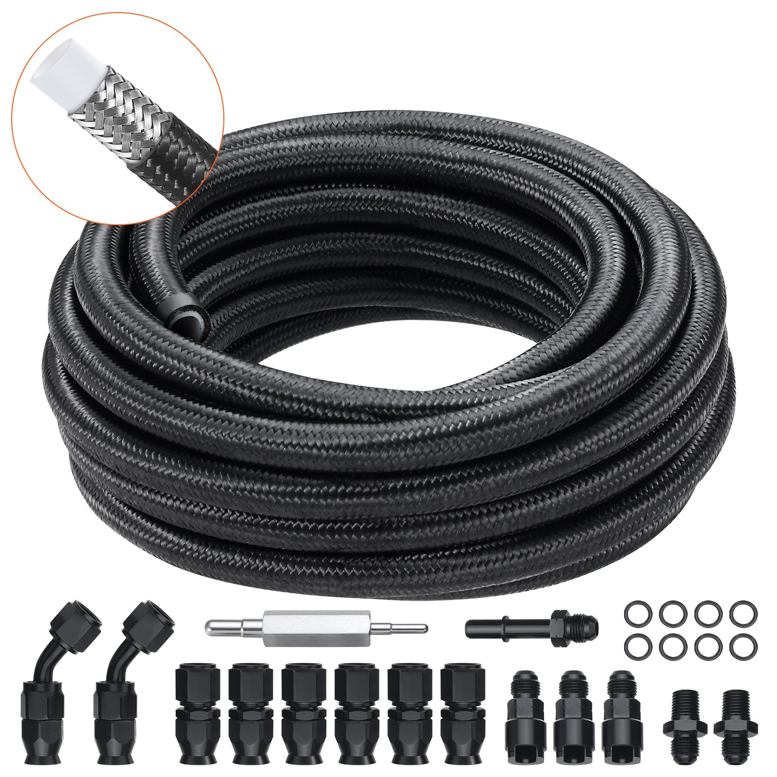 VEVOR 6AN Fuel Line Kit, 25 FT Fuel Hose Kit, 5/16" Nylon Stainless Steel Braided PTFE Fuel Line Kit, E85/Oil/Gas/Diesel Hose End Fitting Kit, with 15 PCS Swivel Fitting Adapter Kit, Black