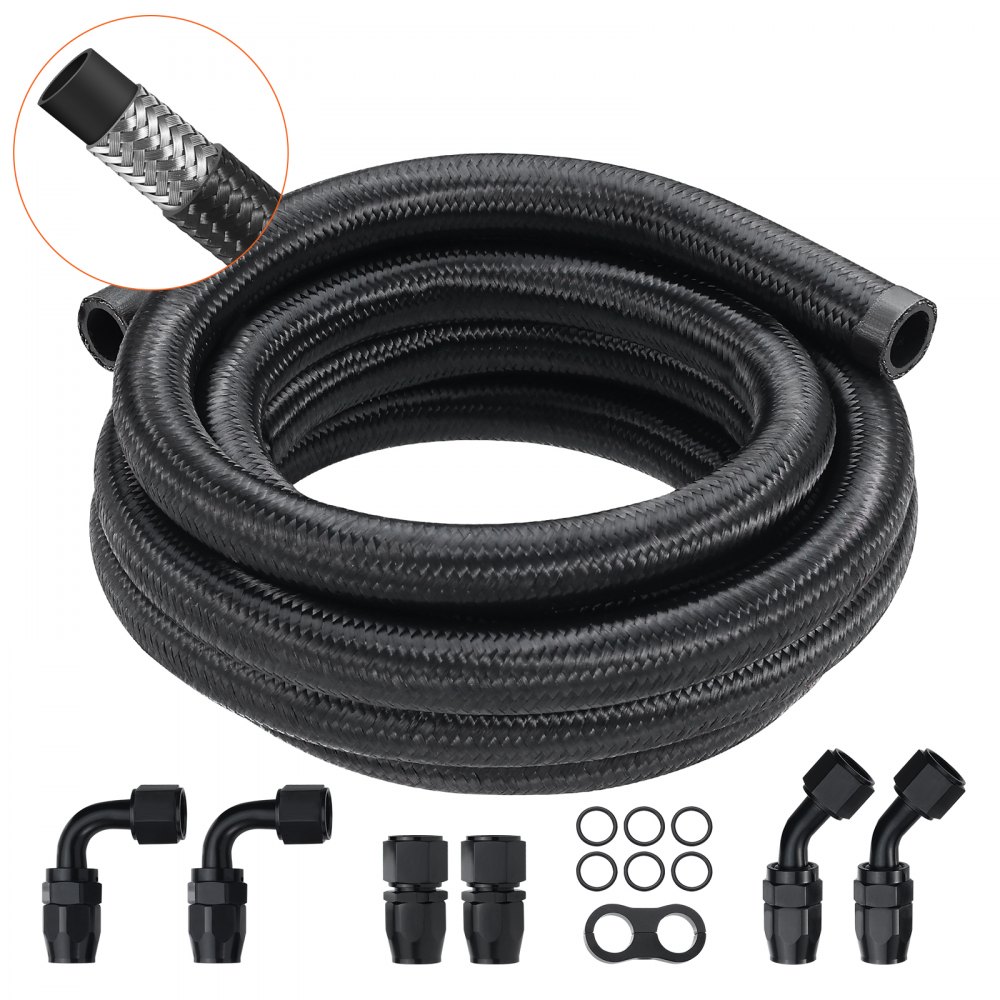 VEVOR 10 ft. 10AN Fuel Hose Line Kit with 0.55 in. Nylon Stainless Steel Braided Fuel Line Black - 7 Piece