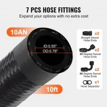 VEVOR 10AN Fuel Line Kit, 10 FT Fuel Hose Kit, 0.55" Nylon Stainless Steel Braided Fuel Line Oil/Gas/Diesel Hose End Fitting Kit, with 7 PCS Swivel Fitting Adapter Kit, Black