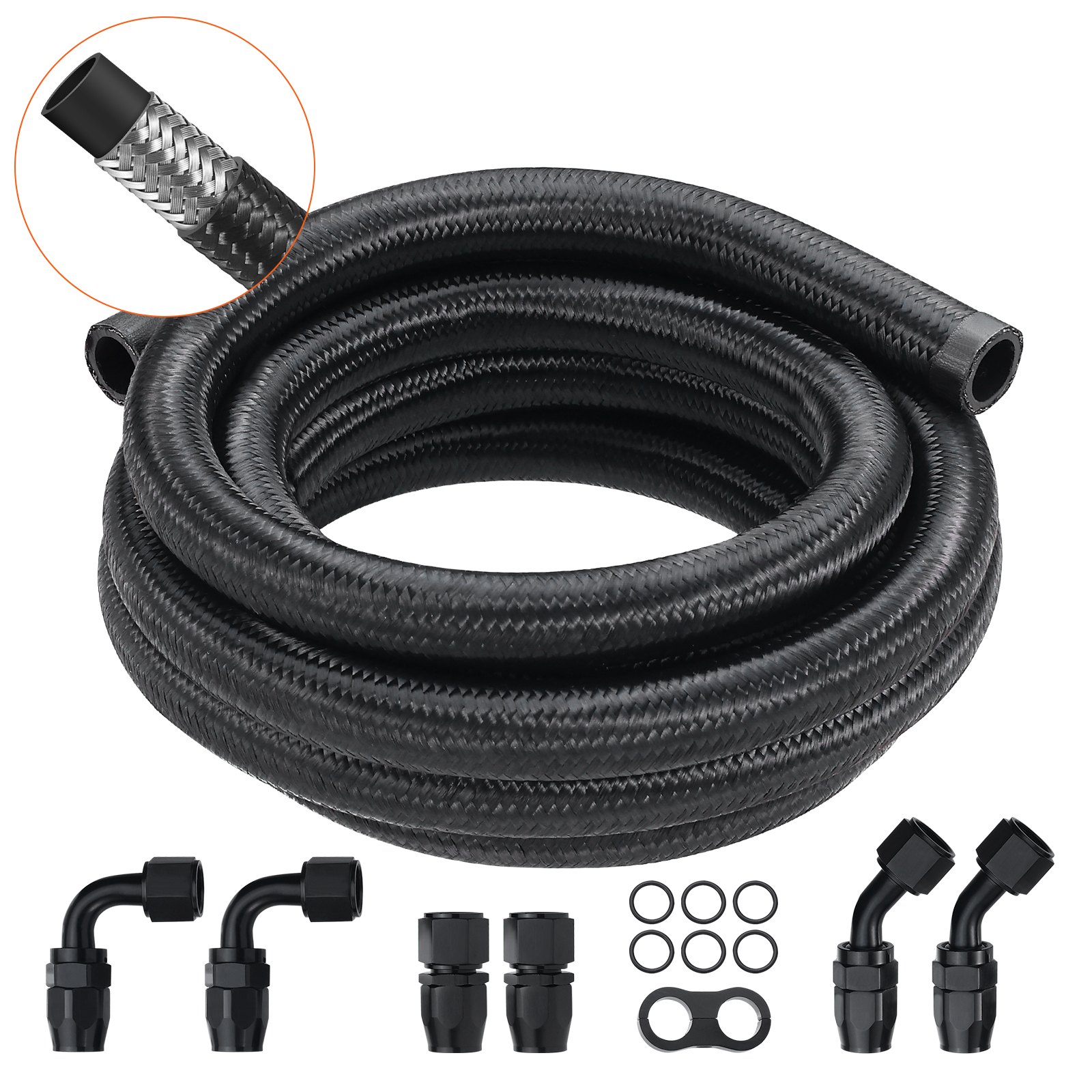 VEVOR 10AN Fuel Line Kit, 3.05 m Fuel Hose Kit, 1.4 cm Nylon Stainless Steel Braided Fuel Line Oil/Gas/Diesel Hose End Fitting Kit, with 7 PCS Swivel Fitting Adapter Kit, Black