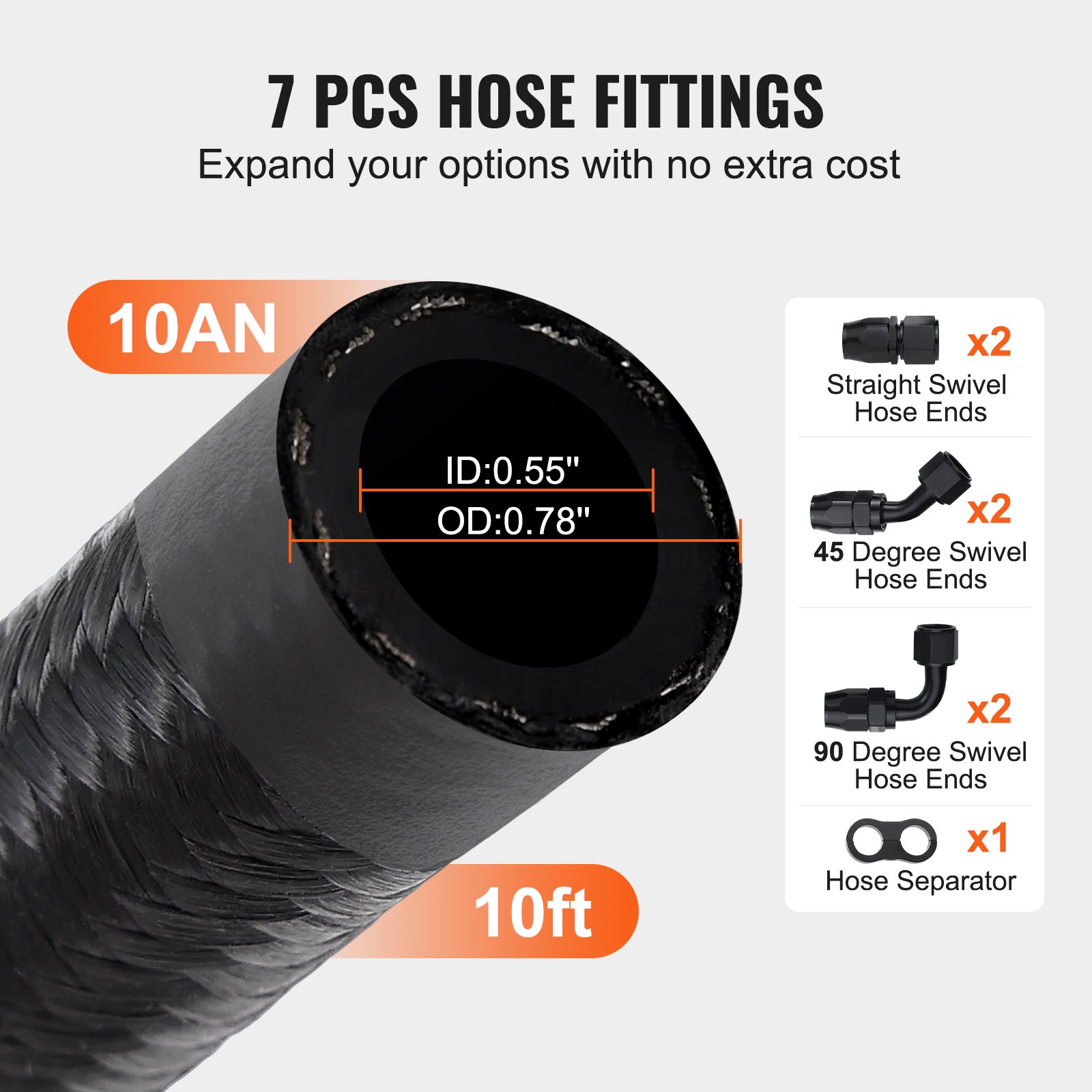 VEVOR 10AN Fuel Line Kit, 10 FT Fuel Hose Kit, 0.55" Nylon Stainless Steel Braided Fuel Line Oil/Gas/Diesel Hose End Fitting Kit, with 7 PCS Swivel Fitting Adapter Kit, Black