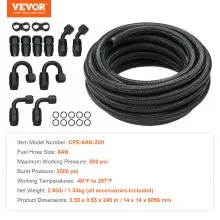 VEVOR 6AN Fuel Line Kit, 20 FT Fuel Hose Kit, 0.34" Nylon Stainless Steel Braided Fuel Line Oil/Gas/Diesel Hose End Fitting Kit, with 12 PCS Swivel Fitting Adapter Kit, Black