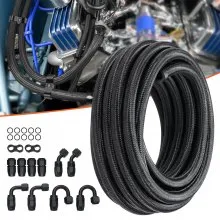 VEVOR 6AN Fuel Line Kit, 20 FT Fuel Hose Kit, 0.34" Nylon Stainless Steel Braided Fuel Line Oil/Gas/Diesel Hose End Fitting Kit, with 12 PCS Swivel Fitting Adapter Kit, Black