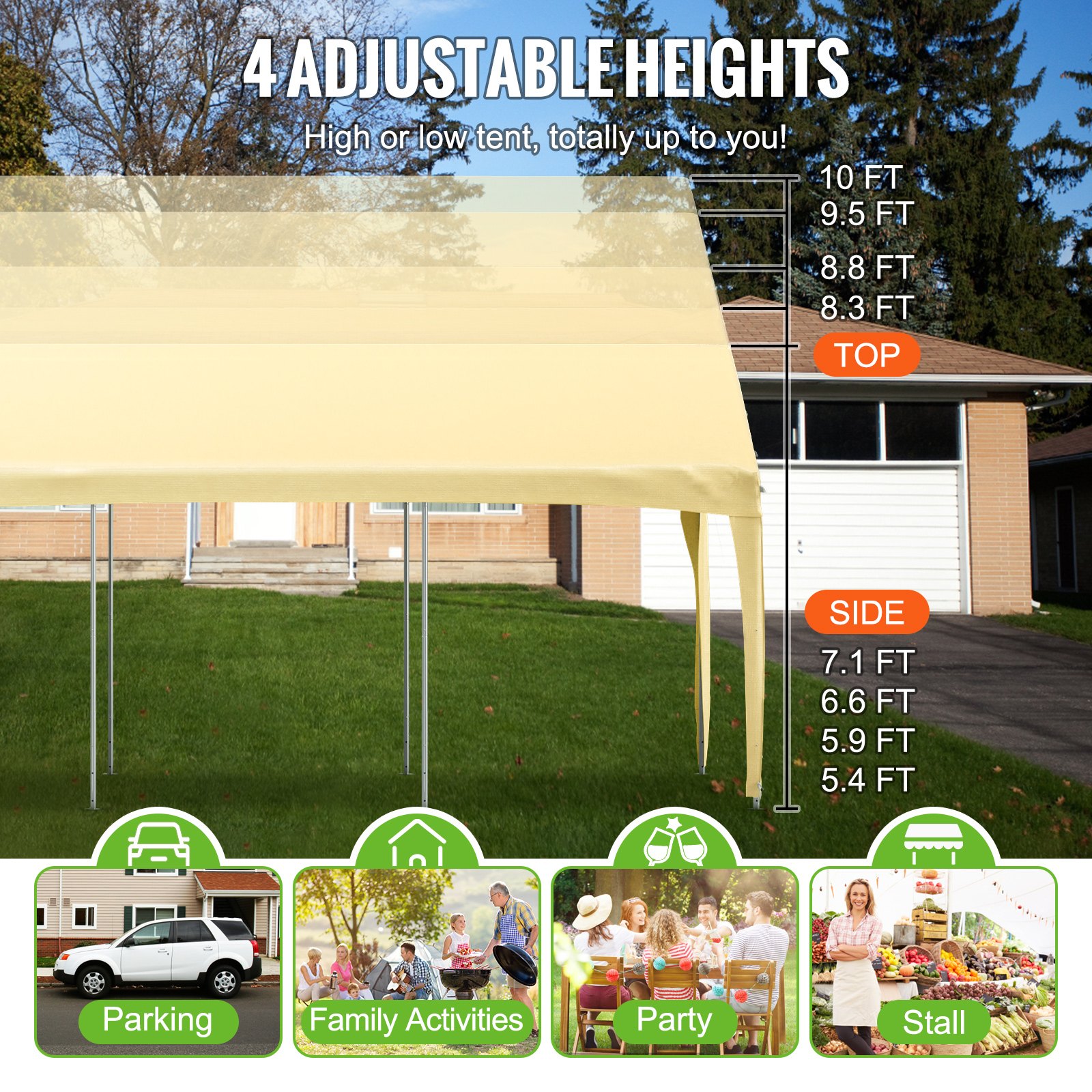 VEVOR carport canopy with 4 adjustable heights, ideal for parking, family activities, parties, and stalls.