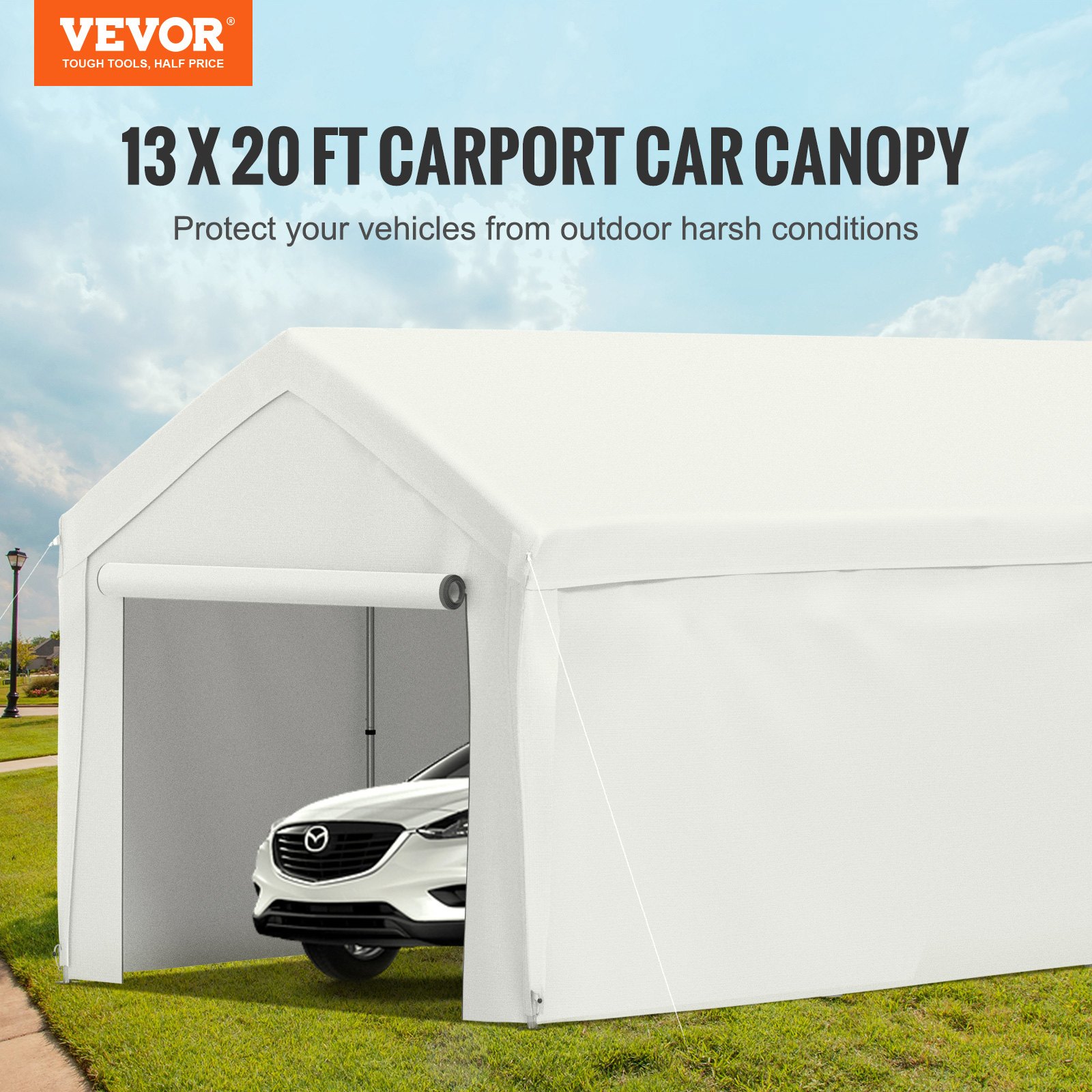 VEVOR 13 x 20 ft Carport Car Canopy, Heavy Duty Garage Shelter with 8 Legs and Removable Sidewalls, Car Garage Tent for Party, Birthday, Boat, Adjustable Peak Height from 9.6 ft to 11.3 ft, White