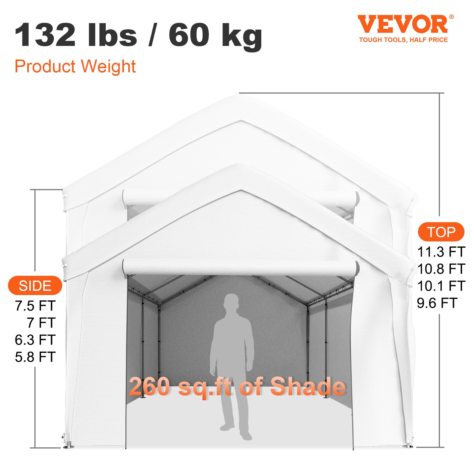 VEVOR 13 x 20 ft Carport Car Canopy, Heavy Duty Garage Shelter with 8 Legs and Removable Sidewalls, Car Garage Tent for Party, Birthday, Boat, Adjustable Peak Height from 9.6 ft to 11.3 ft, White