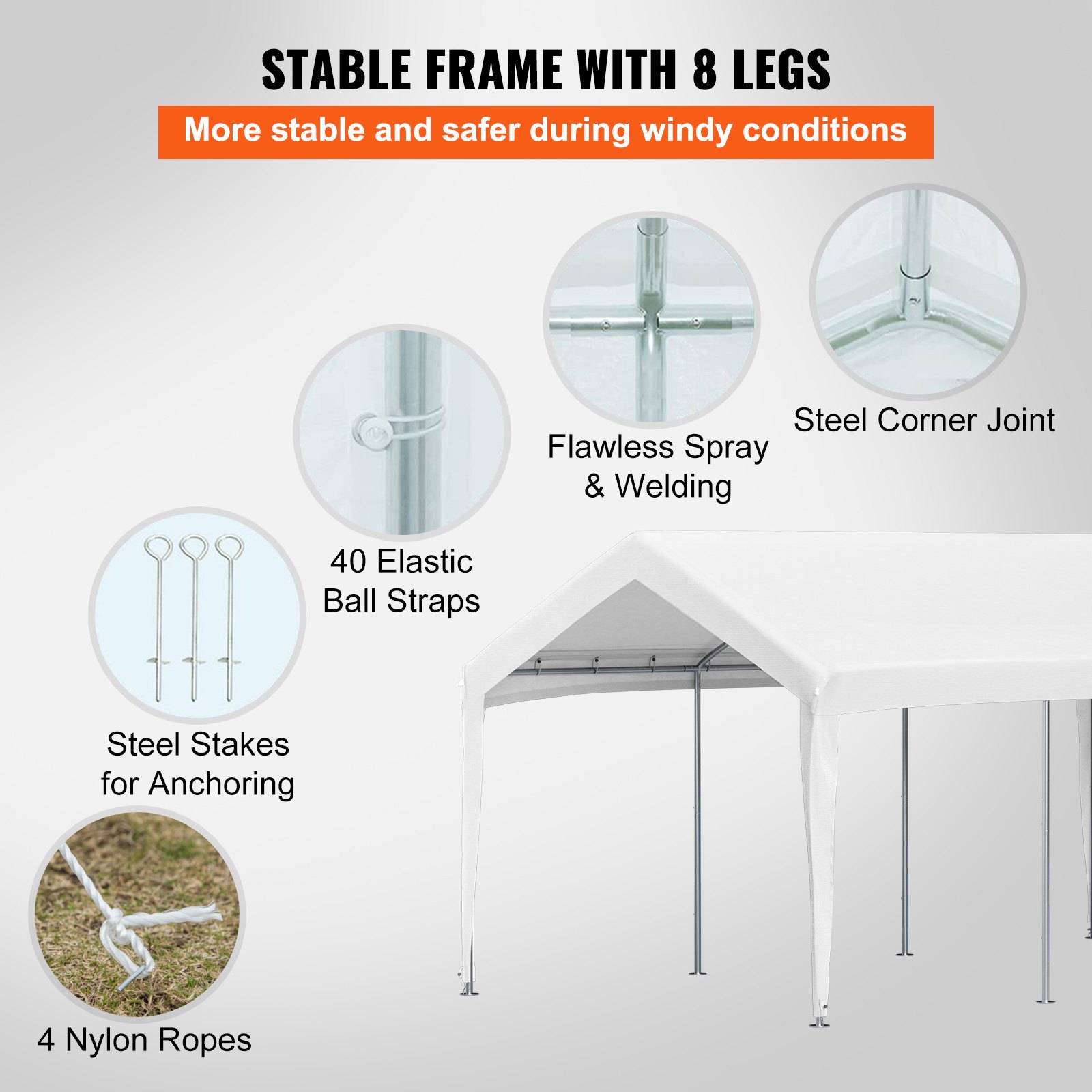 VEVOR 10 x 20 ft Carport Car Canopy, Heavy Duty Garage Shelter with 8 Legs, Car Garage Tent for Outdoor Party, Birthday, Garden, Boat, Adjustable Peak Height from 8.3 ft to 10 ft, White