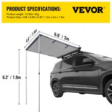 VEVOR Car Side Awning, 4.6'x6.6', Pull-Out Retractable Vehicle Awning Waterproof UV50+, Telescoping Poles Trailer Sunshade Rooftop Tent w/ Carry Bag for Jeep/SUV/Truck/Van Outdoor Camping Travel, Grey