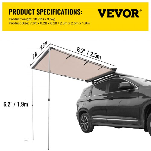 VEVOR Car Awning, 7.6'x8.2' Vehicle Awning, Pull-Out Retractable Awning Rooftop, Waterproof UV50+ Car Side Awning, Telescoping Poles Trailer Tent Shade w/Carry Bag for SUV Outdoor Camping Travel, Sand